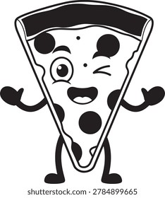 Cartoon slice of pizza with smiling face and raised hands happy food character