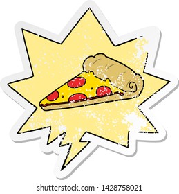 Cartoon-Scheibe Pizza mit Sprachblase bedrückte alte Aufkleber