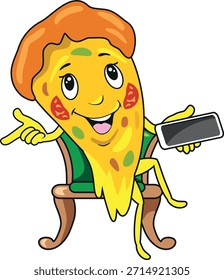 Rebanada de pizza de dibujos animados toma pedidos en un teléfono inteligente. Vector