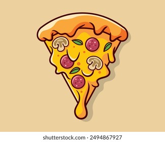 Cartoon slice of pizza vector. Pizza, cheese, slice, italian, food, delicious, pepperoni, snack, menu. Can use for infographic, banner, poster, web design. Vector isolated for graphic design. 