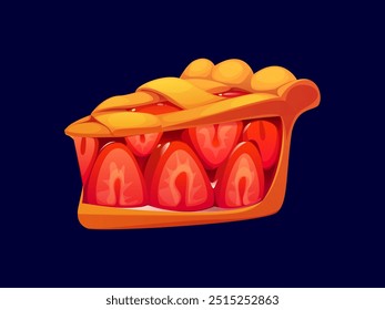 Cartoon-Scheibe aus Erdbeerkuchen, Süßwaren und Süßigkeiten Backwaren verfügt über eine flaky, goldene Gitterkruste gefüllt mit frischen, saftigen Erdbeeren mit einer süßen Glasur gemischt. Vektor erfrischende Sommer Dessert