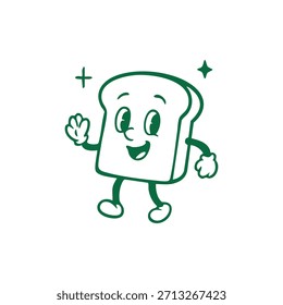 Una rebanada de tostada de dibujos animados con una cara sonriente saluda.