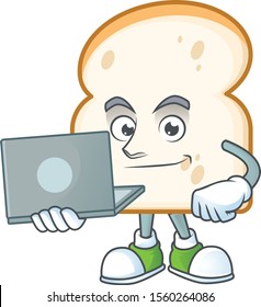 Cartoon a slice white bread with bring laptop.