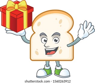 Cartoon slice white bread with character bring gift.