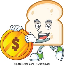 Cartoon slice white bread with mascot bring coin.