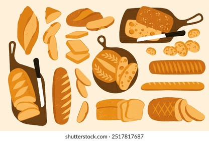 Cartoon sliced bread. Whole and cut baguette, french bakery products with slices, fresh baked dough food, sliced toasts. Vector bakery set.