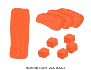 Cartoon geschnitten Fischfleisch. Rote Fischstücke, weißer Fisch, leckere Sashimi-Scheiben, Seehecht, Pangasius, Makrele, Lachssteak und Filet, flaches Vektorgrafik-Set.