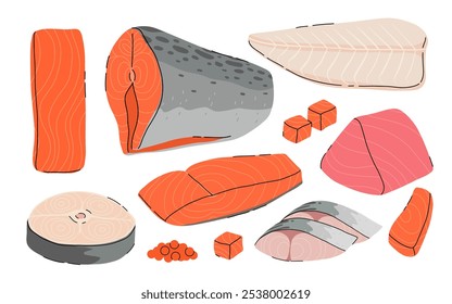 Caricatura de carne de pescado en rodajas. Trozos de pescado rojo, pescado blanco, deliciosas rebanadas de sashimi, merluza, pangasius, caballa, filete de salmón y filete de Ilustración vectorial plana.