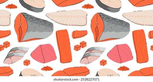 Caricatura de carne de pescado en rodajas. Trozos de pescado rojo, pescado blanco, deliciosas rebanadas de sashimi, merluza, pangasius, caballa, filete de salmón y filete de Ilustración vectorial plana sin patrón