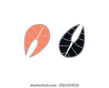 Cartoon sliced fish meat. Red fish pieces, white fish, delicious sashimi slices, hake, pangasius, mackerel, salmon steak and fillet flat vector illustration set.