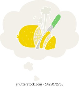 cartoon sliced lemon with thought bubble in retro style