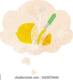 cartoon sliced lemon with thought bubble in grunge distressed retro textured style