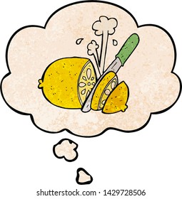 cartoon sliced lemon with thought bubble in grunge texture style