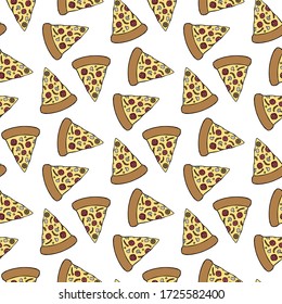 Cartoon sliced pizza isolated on white background. Seamless pattern. Hand drawn vector graphic illustration. Texture.