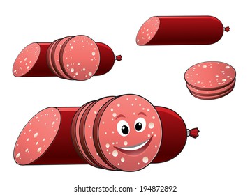 Cartoon sliced salami or pepperoni sausage with a happy smiling face with a toothy grin, isolated on white background