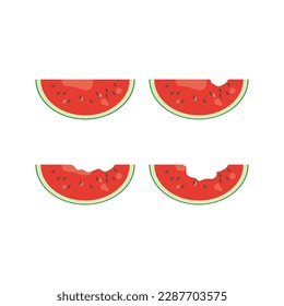 Cartoon sliced watermelon fruit. Different eating status. Isolated on white background, flat design, EPS10 vector