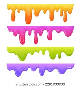 Cartoon slime borders. Dripping liquid mucus spots, sticky slime splashes. Goo sticky slime flat vector illustration set. Jelly dripping dividers