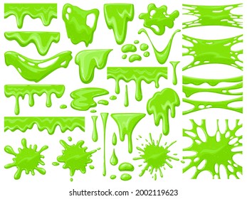 Cartoon slime dripping. Green sticky alien slime blobs, spooky halloween toxic slime dripping vector illustration set. Dripping green cartoon mucus. Drip and blob, slime green liquid, toxic splatter