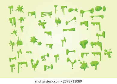 Cartoon slime dripping. Green sticky alien slime blobs, spooky halloween toxic slime dripping vector illustration set. Dripping green cartoon mucus. Drip and blob, slime green liquid, toxic splatter