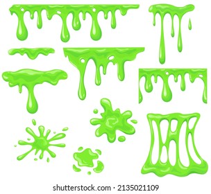 La caricatura resbaló goteando. Mucus green goo drip adherky slimy mucus, splash spash líquido, sorbo viscoso, veneno blob, espoleta de glue glow glow jelly, icono de vector limpio. Ilustración de mucus de pintura, bombilla