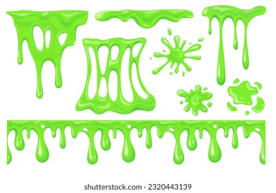 Cartoon slime dripping. Mucus green goo drip sticky slimy mucus, liquid splash splatter, viscous snot, blob poison, splodge glow glue jelly, neat vector icon. Illustration of paint mucus, blob slime