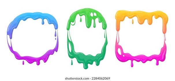 Cartoon slime frames. Mucus splash borders, jelly dripping frames, goo sticky liquid slime splatters flat vector illustration set