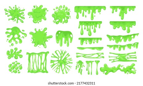 Cartoon slime. Green sticky drips and toxic jelly splatter, messy colored dripping goo, spooky blob. Vector isolated set of splashes and slimes. Illustration of toxic mucus and sticky isolated