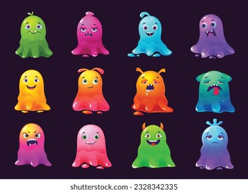 Cartoon slime monsters. Sticky blob character, color jelly creatures and funny monster aliens vector illustration set. Spooky glossy beasts with different facial expressions as sad, tired and happy