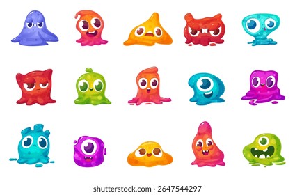 Cartoon slimy monsters. Funny jelly aliens different emotions. Liquid fantastic creatures, multicolored monster. Children mascots nowaday vector set