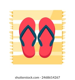 Cartoon slippers on towel on beach. Flip flops. Beach rubber footwear