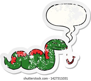caricatura que desliza serpiente con burbuja de habla angustiada pegatina vieja