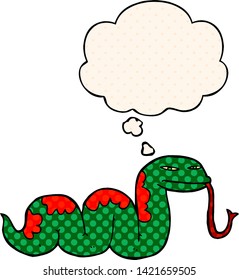 caricatura que desliza serpiente con burbuja de pensamiento en el estilo de un libro de historietas