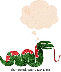 serpiente escurridizo de dibujos animados con burbuja de pensamiento en un estilo retro angustiado de grosero texturado