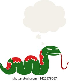 cartoon slithering snake with thought bubble in retro style