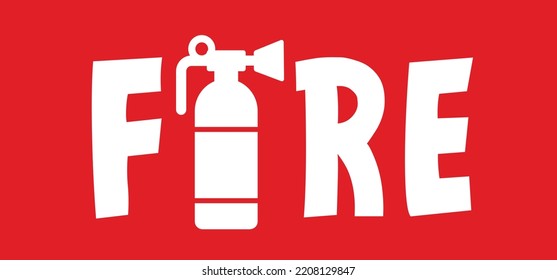 Cartoon slogan fire with fire extinguisher. Warning fire. Dangerous flame alarm. Sprinkler signal. Human beware emergency logo.
