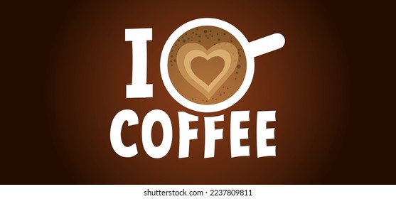 Cartoon slogan i love coffee. Coffee break or time. . Coffee time. Vector quote icon or logo. Love, heart doodle. Shining heart aroma. Milk and sugar. Coffee percolator