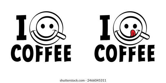 Cartoon slogan i love coffee. it's coffee o clock or coffee time. Coffee time, time for break or timeout. Pause, flexible working hours or work time. Work, life balance concept. Good vibes.