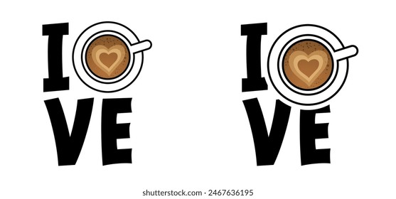 Cartoon slogan i love coffee. it's coffee o clock or coffee time. Coffee time, time for break or timeout. Pause, flexible working hours or work time. Work, life balance concept. Good vibes.
