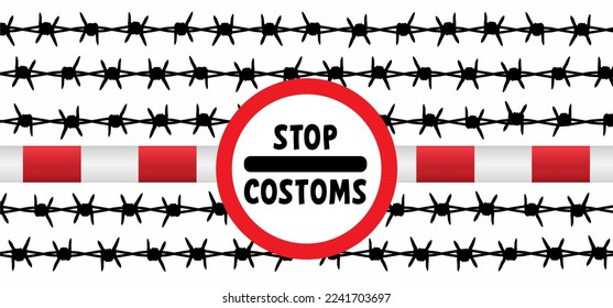 Cartoon slogan stop customs in a old zoll douane signboard. Vector barrier gate sign, Border and customs control. For tourism, refugees, immigrant or migrant workers in to the country. customs office