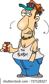 cartoon of a sloppy, scruffy man in a tank top drinking beer while flies circle him 