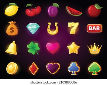 Icono de juego de tragamonedas de dibujos animados, símbolos de juegos de casino. Cerezo, diamante, ranuras para máquinas hiladoras de corona, juegos de azar en línea, juegos de vectores de iconos de juegos móviles. Elementos gui aislados para aplicaciones móviles