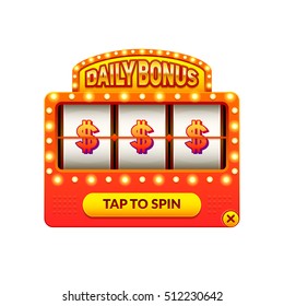 Cartoon slot machine. Daily bonus. Gambling game. Eps10 vector slots illustration. 