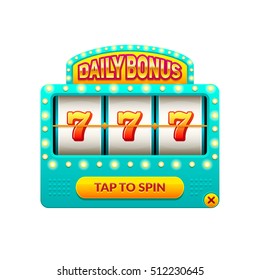 Cartoon slot machine. Daily bonus. Gambling game. Eps10 vector 777 slots illustration. 