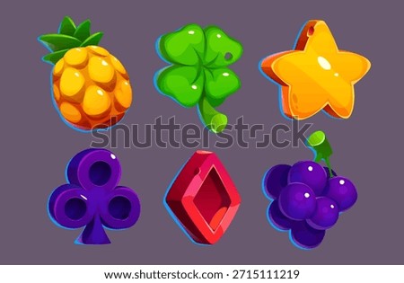 Cartoon slot machine icon set with colorful casino symbols - pineapple and grape cluster, lucky clover and shiny golden star, club and red diamond card suit. Glossy jackpot ui elements for game bar.