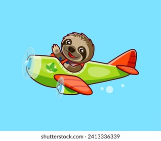 Cartoon sloth animal character on plane. Cute australian animal pilot flying on vintage aircraft, funny sloth kid sitting in old plane, traveling on propeller airplane isolated vector personage