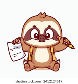 Cartoon sloth animal school writing with pencil and paper