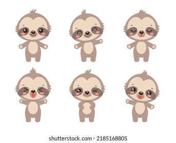 Cartoon sloth baby character set. Various emotions. Kawaii animal facial expressions - calm, happy, laughing, smiling, waving, winking. Baby sloth cute character chibi style. Adorable sloth bear.