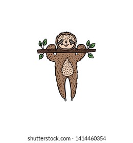 Cartoon sloth bear hanging on a branch. Hand drawn cute doodle vector illustration. Positive animal graphic design for print, poster, tee shirt, wall art.