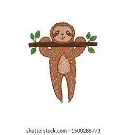 Cartoon sloth bear hanging on a branch. Hand drawn cute doodle vector illustration. Positive animal graphic design 