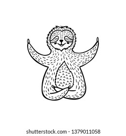 Cartoon sloth bear meditates in lotus position. Hand drawn cute doodle vector illustration. Happy animal graphic design for print, poster, tee shirt, greeting card